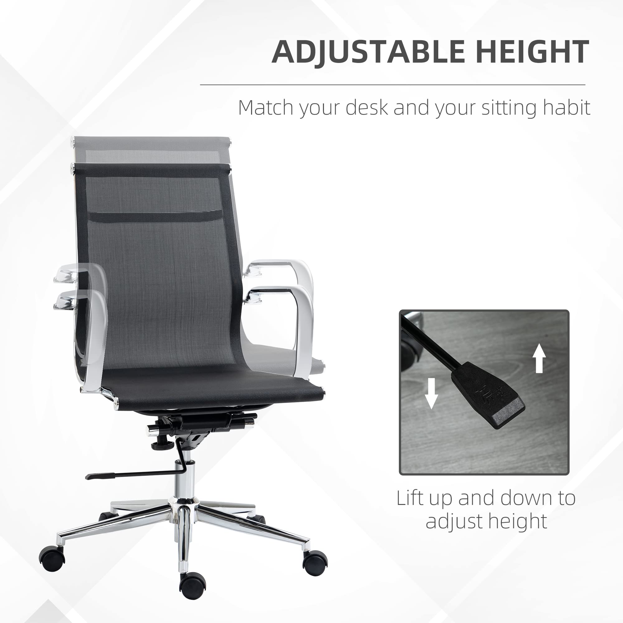 Vinsetto Mesh Office Chair, Swivel Desk Chair with Adjustable Height, Armrests and Tilt Function, Black