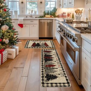 Artoid Mode Buffalo Plaid Xmas Tree Merry Christmas Kitchen Mats Set of 2, Winter Home Decor Low-Profile Kitchen Rugs for Floor - 17x29 and 17x47 Inch