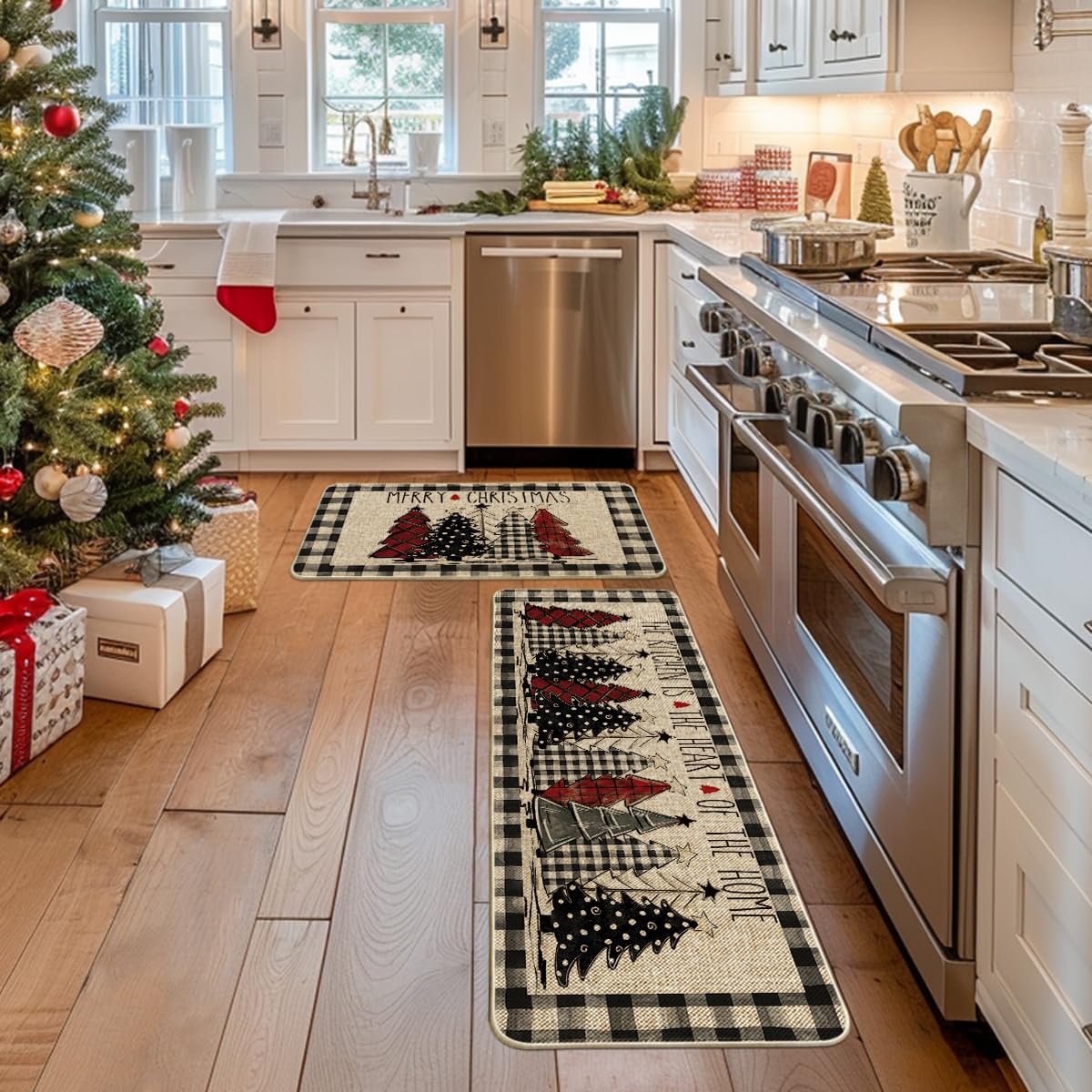 Artoid Mode Buffalo Plaid Xmas Tree Merry Christmas Kitchen Mats Set of 2, Winter Home Decor Low-Profile Kitchen Rugs for Floor - 17x29 and 17x47 Inch