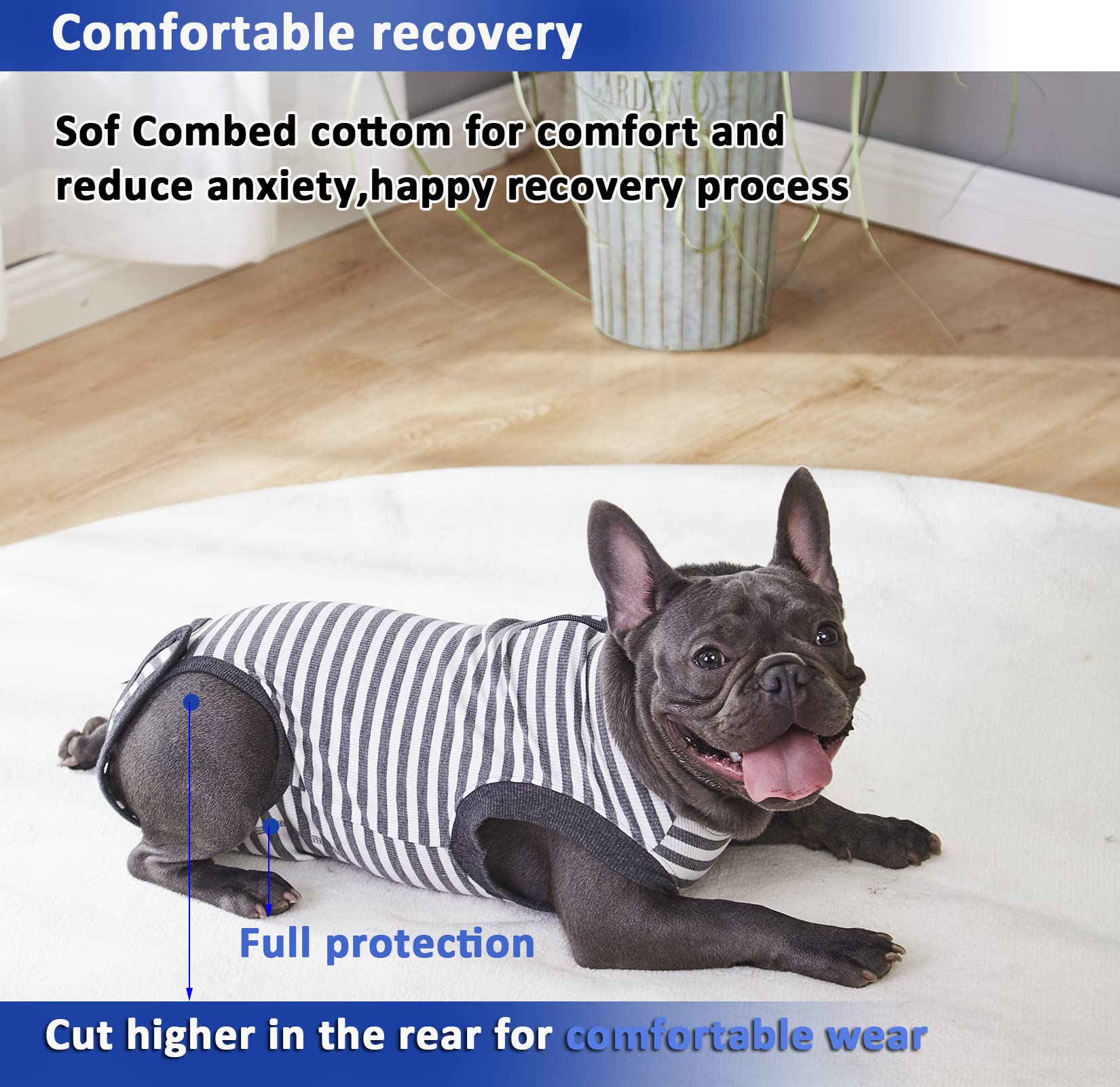 Wabdhally Dog Surgery Recovery Suit,Surgical Suit for Large Female Spay,Soft Combed Cotton,Grey Striped Zipper Onesie L