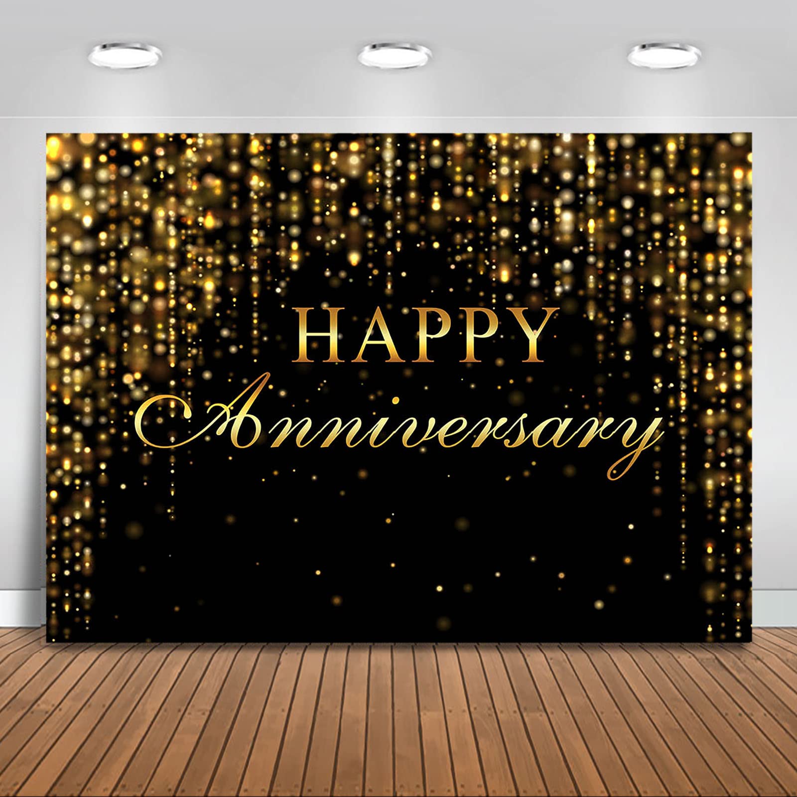 Mocsicka Black and Gold Happy Anniversary Backdrop Gold Glitter Bokeh Spot Wedding Anniversary Bridal Shower Party Decorations Cheers to Wedding Miss to Mrs Photography Background (Gold, 7x5ft)