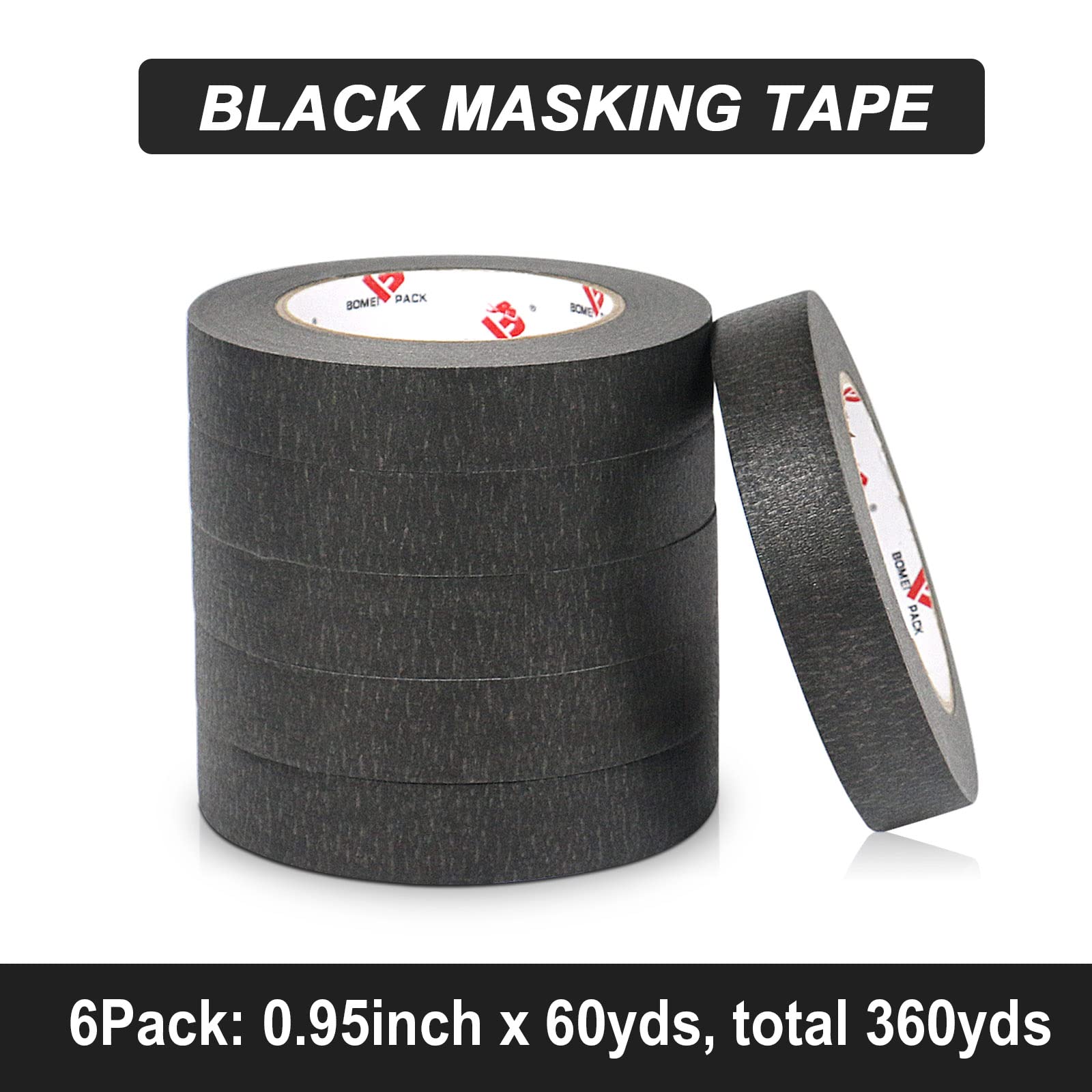 BOMEI PACK Black Painters Tape 0.94 Inches x 60 Yards, Black Masking Tape for Painting, Crafts and DIY - Professional Grade Paint Tape, No Residue and Easy Removal, 6 Pack