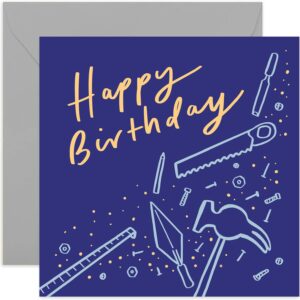 old english co. diy tools happy birthday card - fun manly birthday card for man | for dad, brother, husband, grandad | blank inside & envelope included