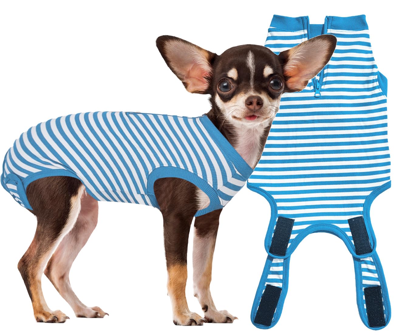 Wabdhally Dog Surgery Recovery Suit,Surgical Suit for Small Female Spay,Soft Combed Cotton,Blue Striped Zipper Onesie S