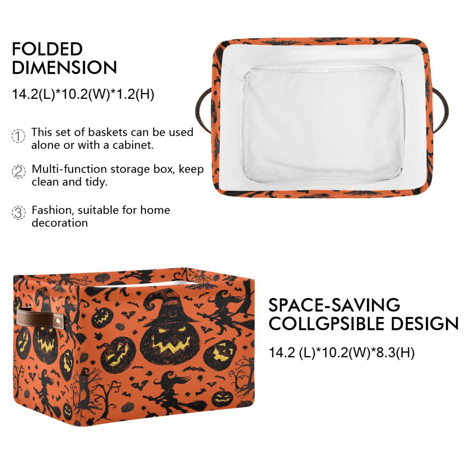 Wusikd Orange and Black Halloween Storage Basket Set of 1 Large Fabric Pumpkin Witch Storage Basket Bins Box Cube with Handles Collapsible Closet Shelf Clothes Organizer Basket for Nursery Bedroom