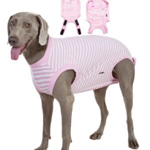 Wabdhally Dog Surgery Recovery Suit for Female Spay,Surgical Suit for Large Female Dogs,Soft Combed Cotton,Striped Pink Zipper Onesie XL