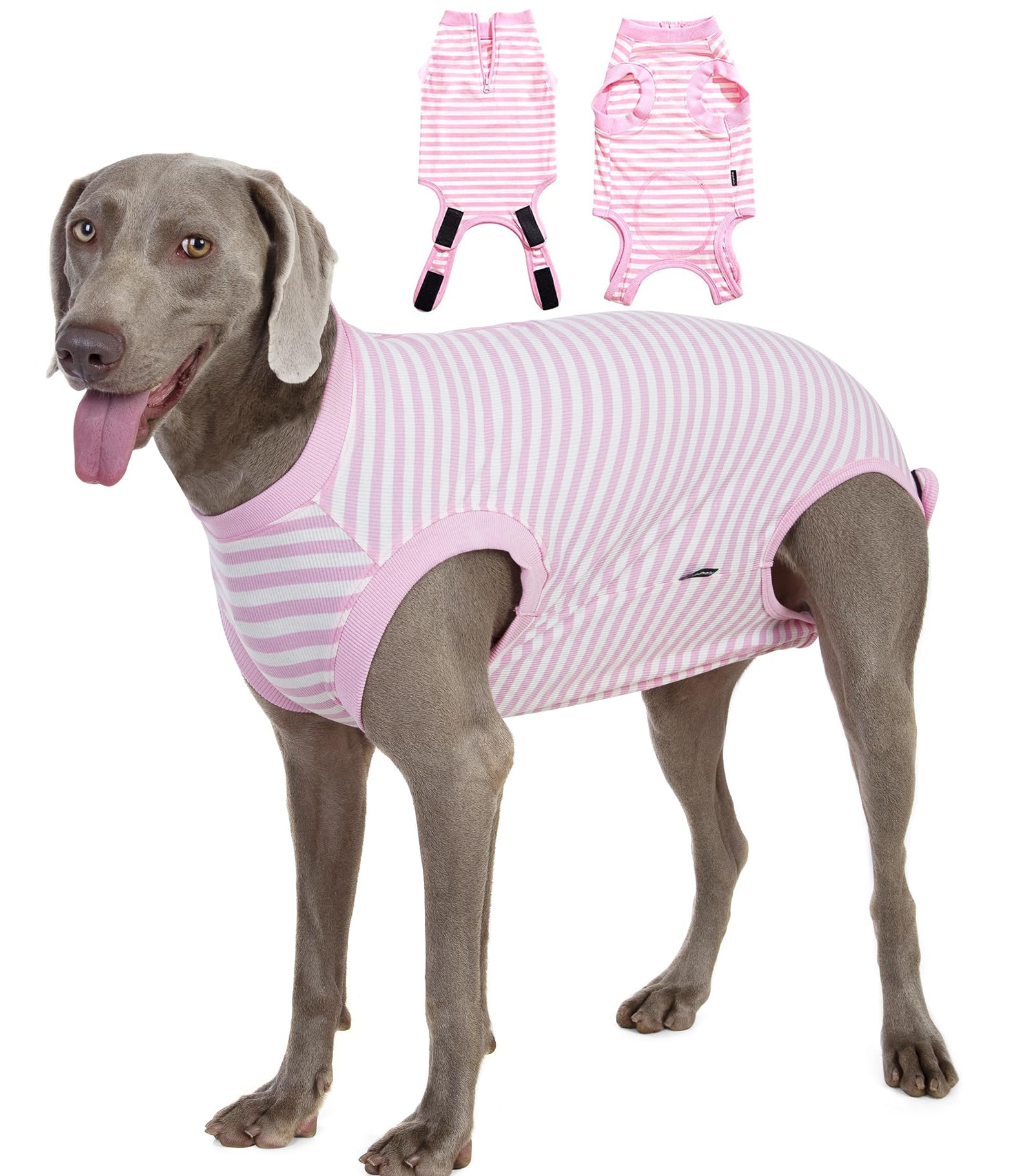 Wabdhally Dog Surgery Recovery Suit for Female Spay,Surgical Suit for Large Female Dogs,Soft Combed Cotton,Striped Pink Zipper Onesie XL