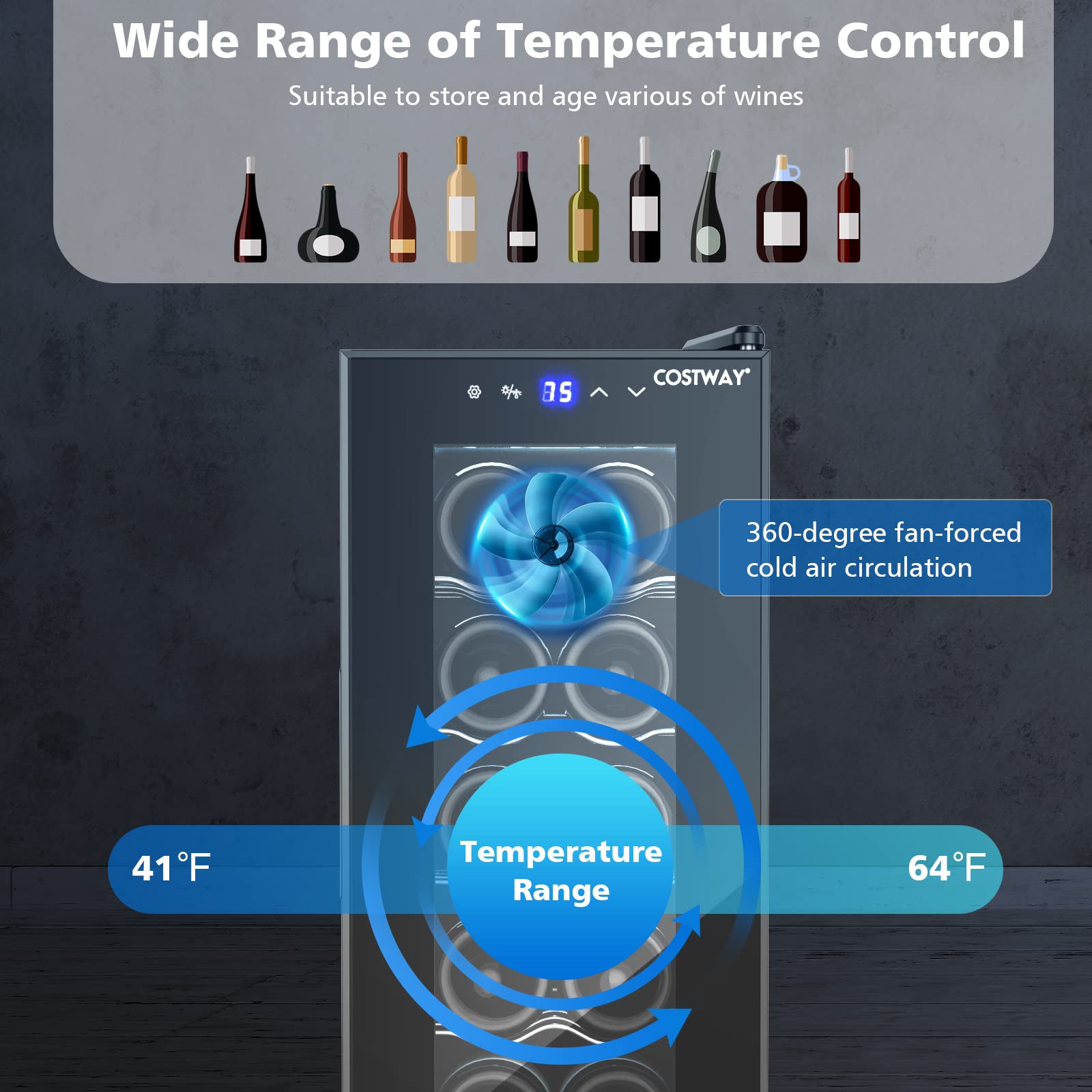 COSTWAY 10 Inch Wine Cooler, 12 Bottles Wine Refrigerator w/Digital Temperature Control, Double-Layer Door & LED Lights, Freestanding Built-in Mini Wine Fridge for Home Bar Office