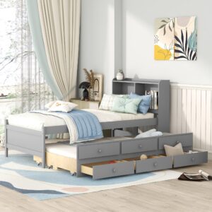 harper & bright designs twin bed frame with bookcase headboard, wooden twin size platform bed with trundle and 3 storage drawers,twin storage bed for kids girls boys,no box spring needed,grey