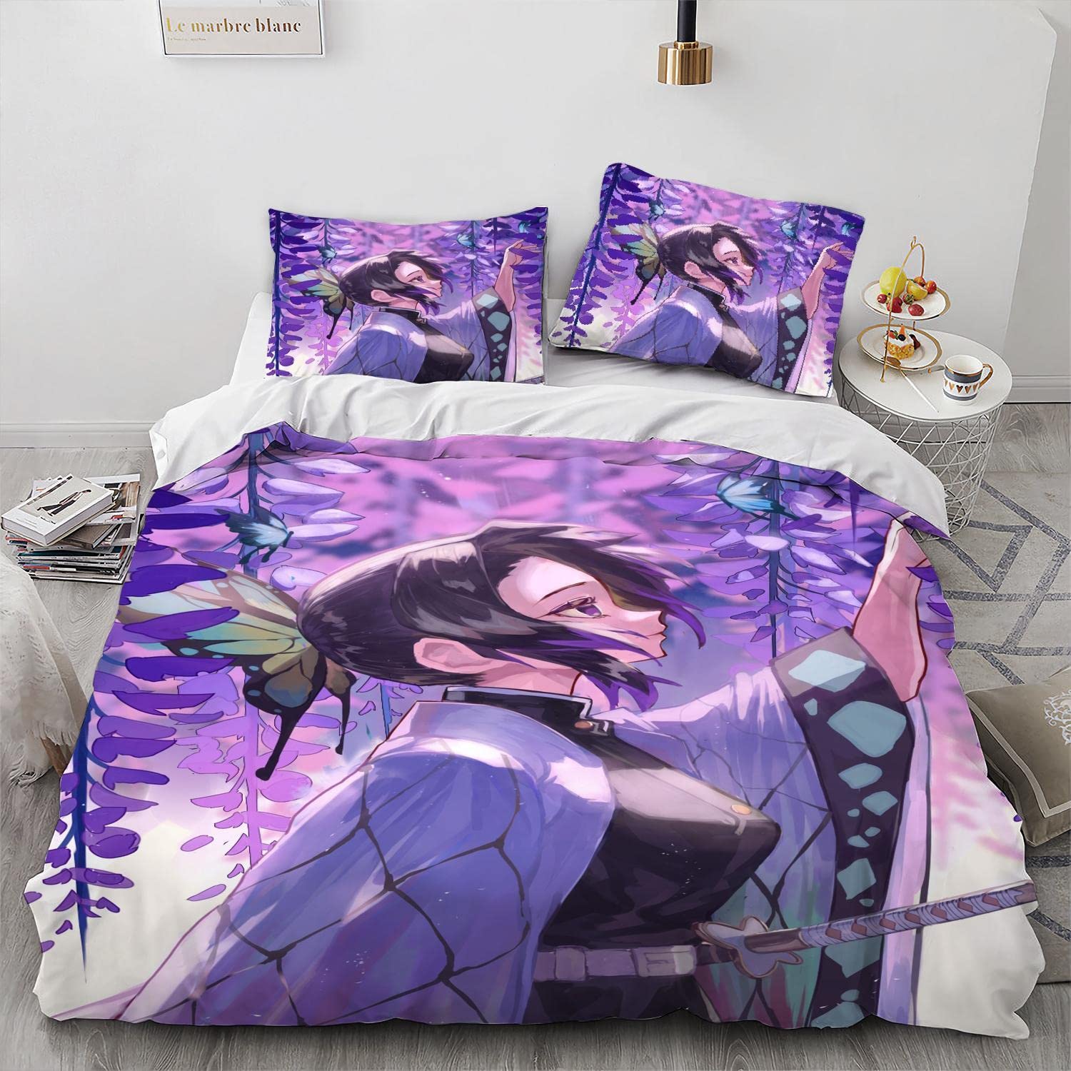 NICHIYOBI Butterfly-Shinobu Poster Duvet Cover 3 Piece Bed Set,Room Atmosphere Decoration Anime peripherals (Style 4,Queen 90x90in+20x30in*2)