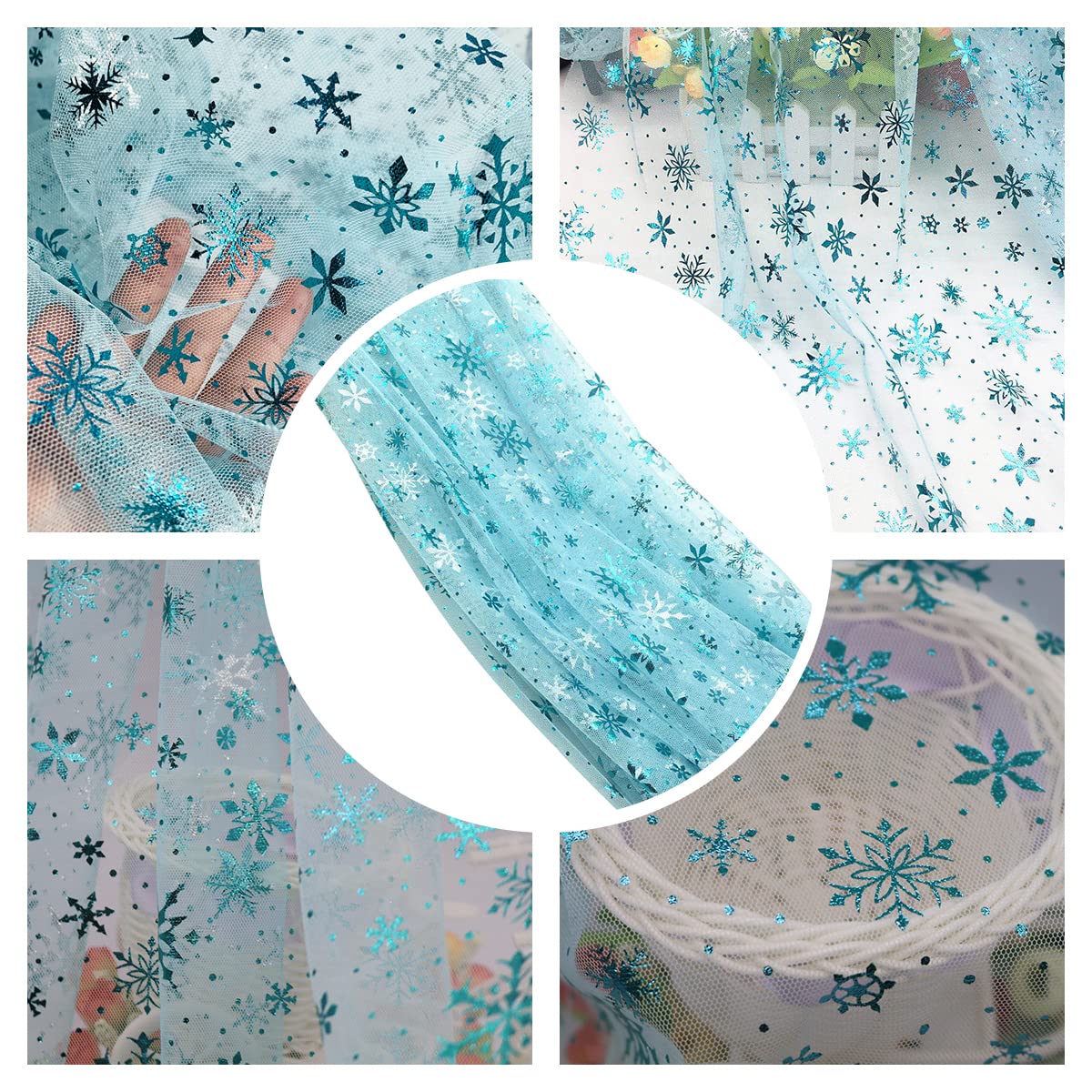 Queenbox 100x150cm Sparkle Snowflake Tulle Sequins Mesh Fabric Glitter Snow Flower Net Gauze for Christmas Wedding Party, Sky Blue + Blue Star