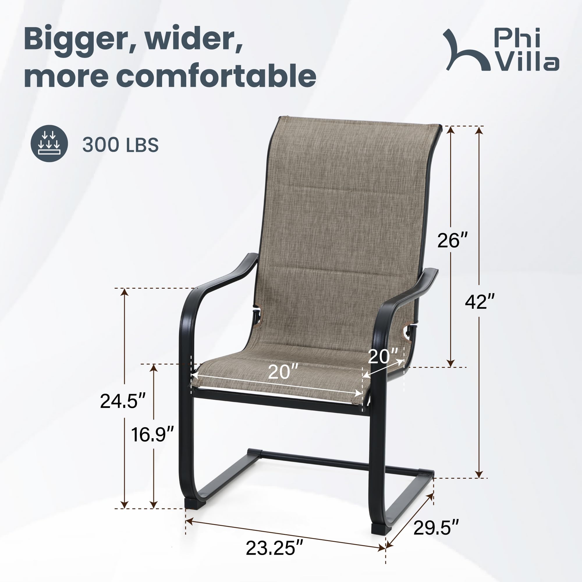 PHI VILLA Outdoor C-Spring Dining Chairs Set of 6, Patio Sling High Back Rocker Chairs with Padded Textilene Fabric & Black Metal Frame for Patio, Porch, Deck, Yard