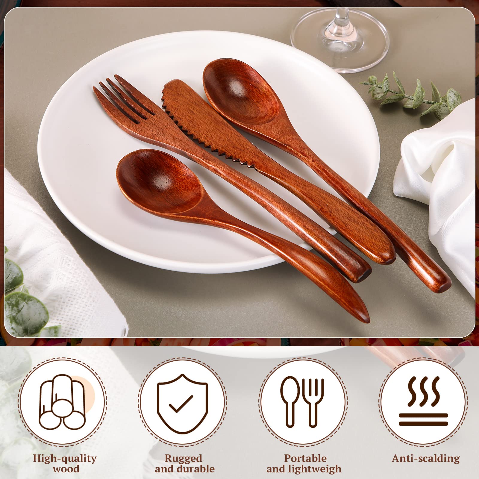 Wooden Forks and Spoons for Eating Utensils Set Curved Tailed Wooden Spoons Wooden Knives Wood Flatware Sets Travel Camping Kitchen Eating Dinner Parties Home (32 Pieces)