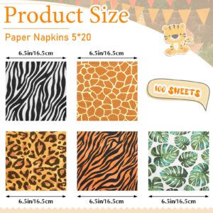 100 PIECES Jungle Safari Animal Print Party Disposable Napkins Animal Print Paper Napkins Safari Napkins Jungle Safari Themed Party Napkins for Baby Shower Party Birthday Party, 5 Styles