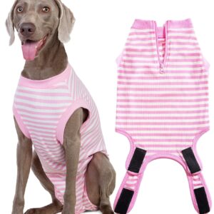 Wabdhally Dog Surgery Recovery Suit for Female Spay,Surgical Suit for Large Female Dogs Labrador,Soft Combed Cotton,Striped Pink Onesie XXXL