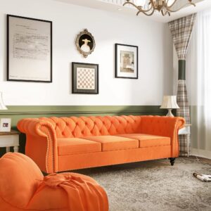 Chesterfield Sofa Velvet, Modern Tufted Couch 3 Seater with Rolled Arms and Nailhead for Living Room, Bedroom, Office, Apartment (Orange)