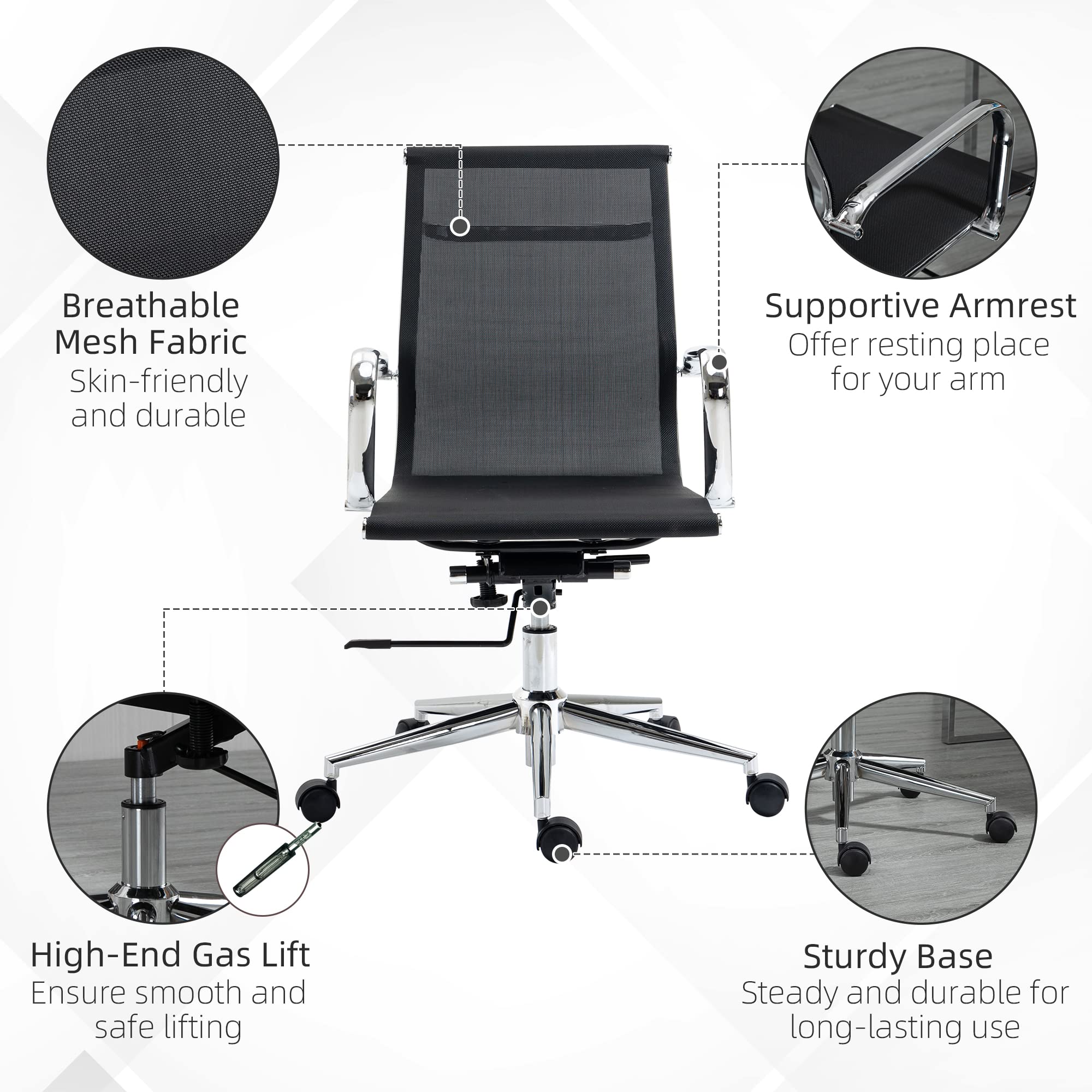 Vinsetto Mesh Office Chair, Swivel Desk Chair with Adjustable Height, Armrests and Tilt Function, Black