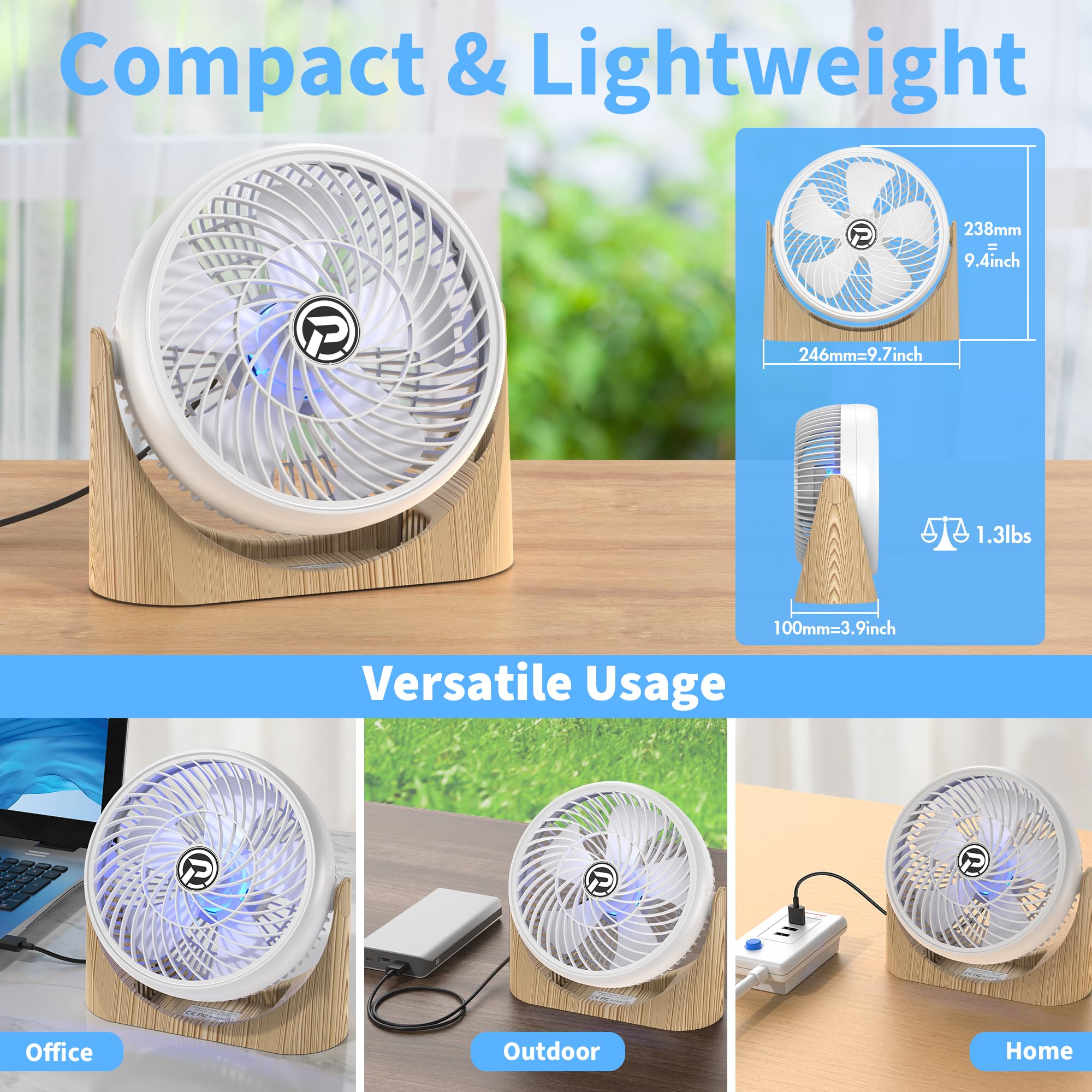 PELANZENHAU 8 inch Table Fan with Remote, USB Powered Desk Fan with RGB Light & Timer, 3 Strong Speeds & 360° Pivot Adjustable, Desktop Air Circulator Fan for Home Office Dorm RV Bedroom Travel