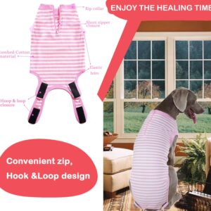 Wabdhally Dog Surgery Recovery Suit for Female Spay,Surgical Suit for Large Female Dogs Labrador,Soft Combed Cotton,Striped Pink Zipper Onesie XXL