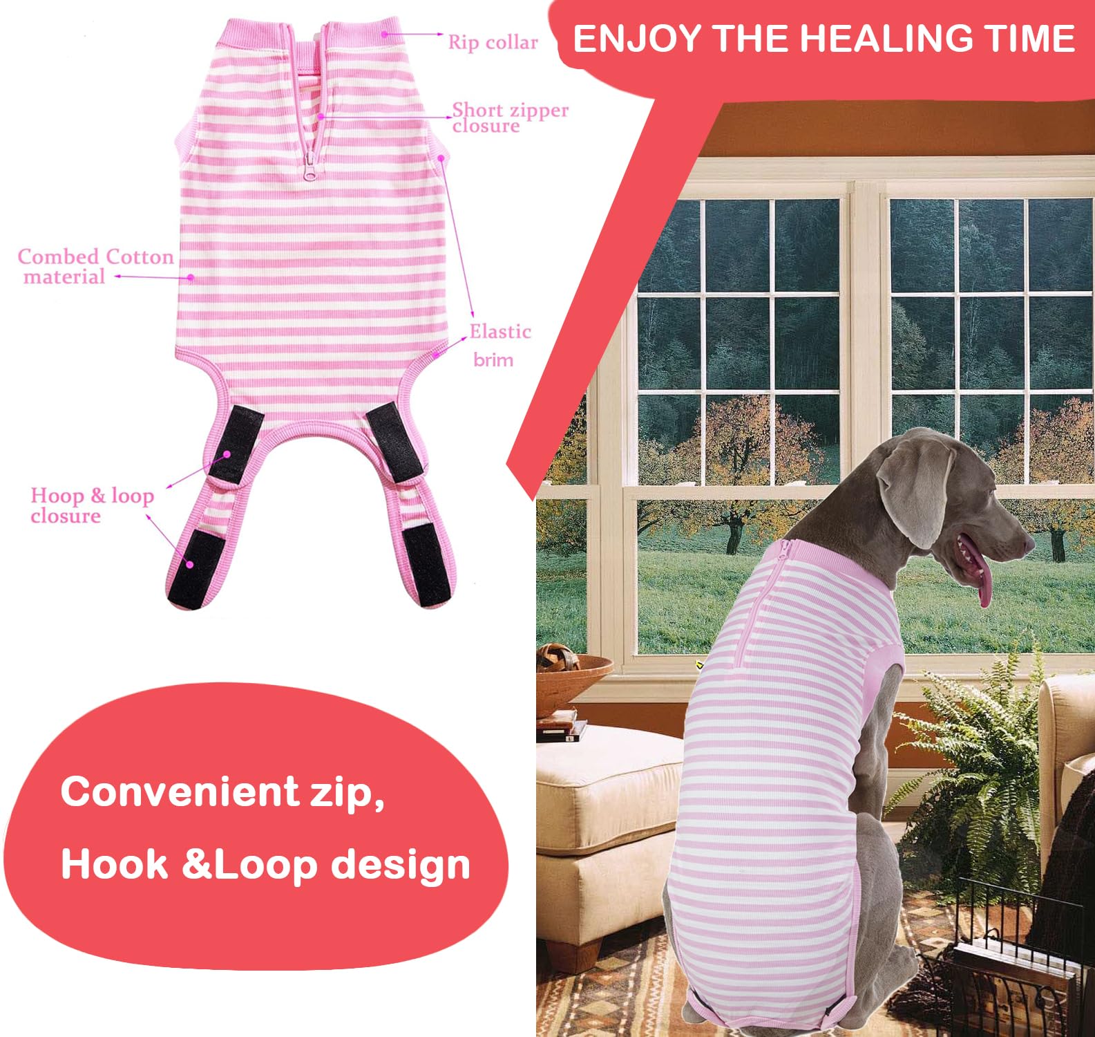 Wabdhally Dog Surgery Recovery Suit for Female Spay,Surgical Suit for Large Female Dogs Labrador,Soft Combed Cotton,Striped Pink Zipper Onesie XXL