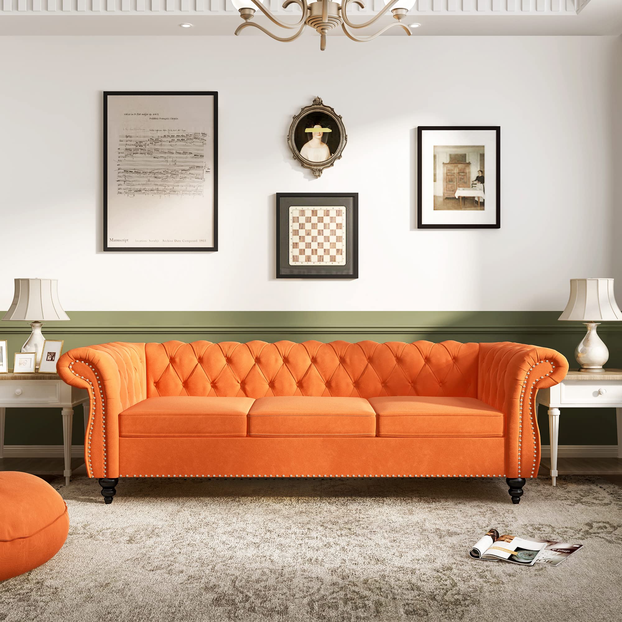 Chesterfield Sofa Velvet, Modern Tufted Couch 3 Seater with Rolled Arms and Nailhead for Living Room, Bedroom, Office, Apartment (Orange)