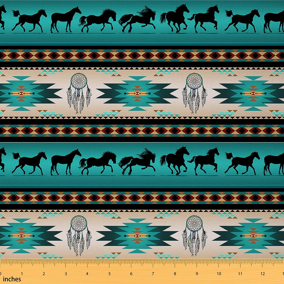 Horse Upholstery Fabric, Dream Catchers Fabric by The Yard for Cowboy Cowgirl, Southwestern Native Aztec Horses Decorative Fabric, Bohemian Tribe Farmhouse Wildlife Animal Fabric, Green, 1 Yard