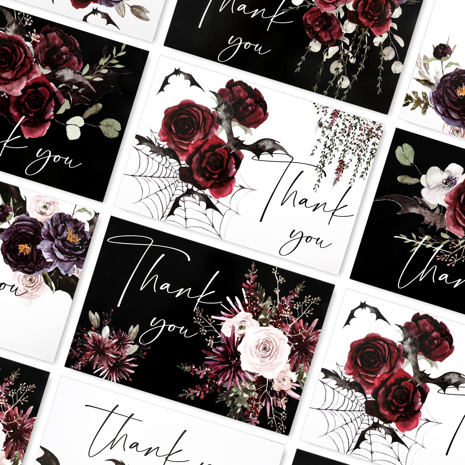 AnyDesign 30 Pack Floral Thank You Greeting Cards Watercolor Halloween Flower Bat Invitation Cards Spooky Thank You Blank Note Cards for Halloween Party Invitation Wedding Bridal Shower, 4 x 6 Inch