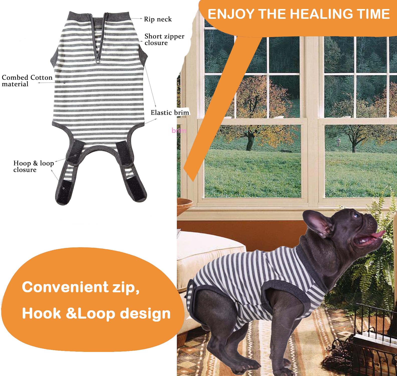 Wabdhally Dog Surgery Recovery Suit,Surgical Suit for Large Female Spay,Soft Combed Cotton,Grey Striped Zipper Onesie L