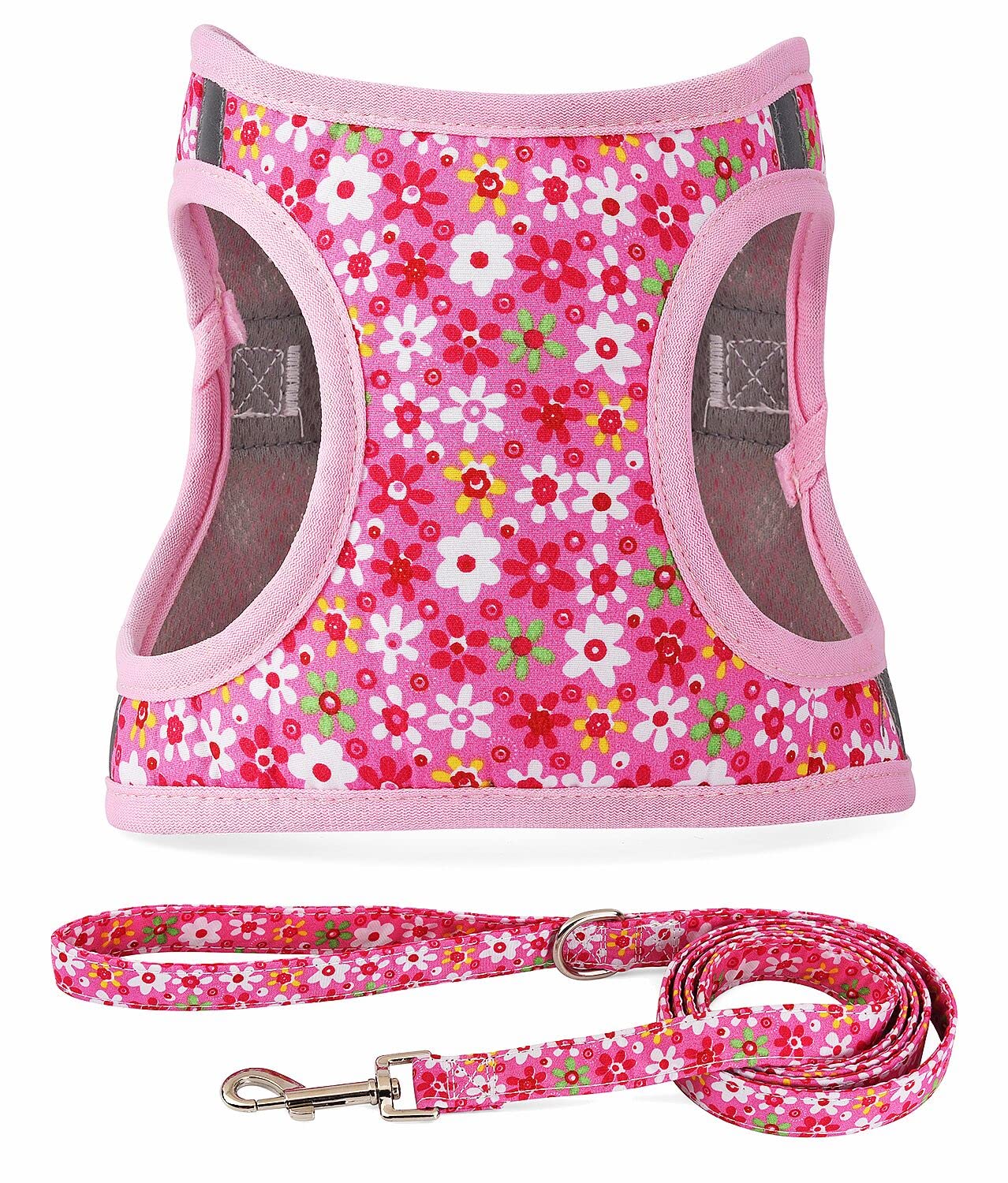 Moonpet Step in Air Dog Harness Leash Set- All Weather Reflective No-Pull Floral Pattern Padded Mesh Vest Harness for Cats Puppy Extra-Small Small Medium Large Dogs - Pink Flower - XXS