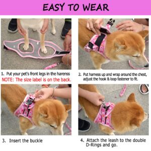 Moonpet Step in Air Dog Harness Leash Set- All Weather Reflective No-Pull Floral Pattern Padded Mesh Vest Harness for Cats Puppy Extra-Small Small Medium Large Dogs - Pink Flower - XXS