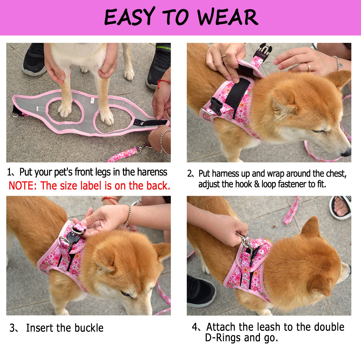 Moonpet Step in Air Dog Harness Leash Set- All Weather Reflective No-Pull Floral Pattern Padded Mesh Vest Harness for Cats Puppy Extra-Small Small Medium Large Dogs - Pink Flower - XXS