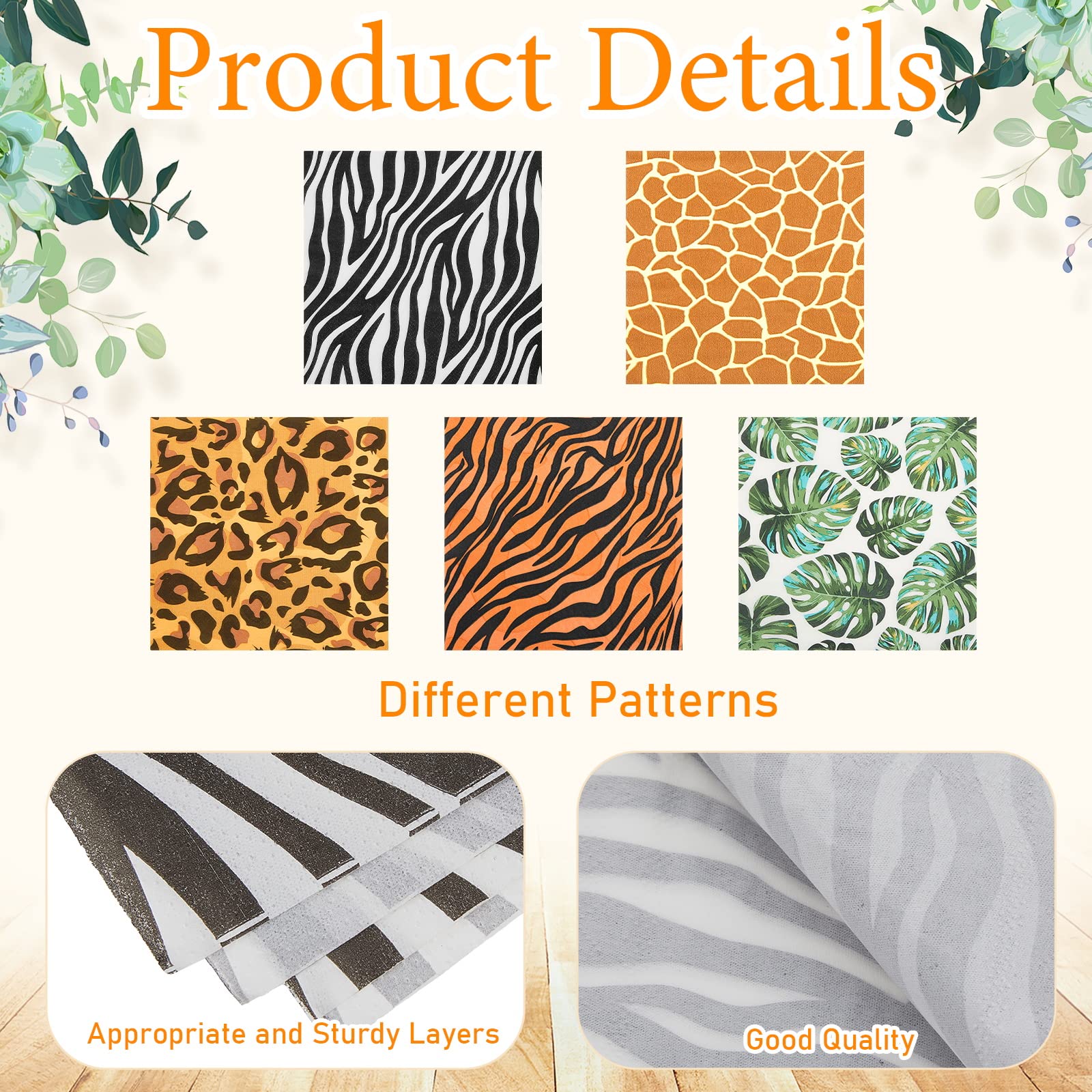 100 PIECES Jungle Safari Animal Print Party Disposable Napkins Animal Print Paper Napkins Safari Napkins Jungle Safari Themed Party Napkins for Baby Shower Party Birthday Party, 5 Styles