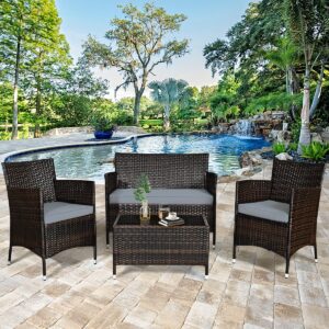 RELAX4LIFE 4-Piece Patio Furniture Set - Wicker Rattan Chairs w/Tempered Glass Coffee Table & Seat Cushions, Sofa Set for Garden Backyard Porch Balcony, Outdoor Conversation Set (Grey, 1)