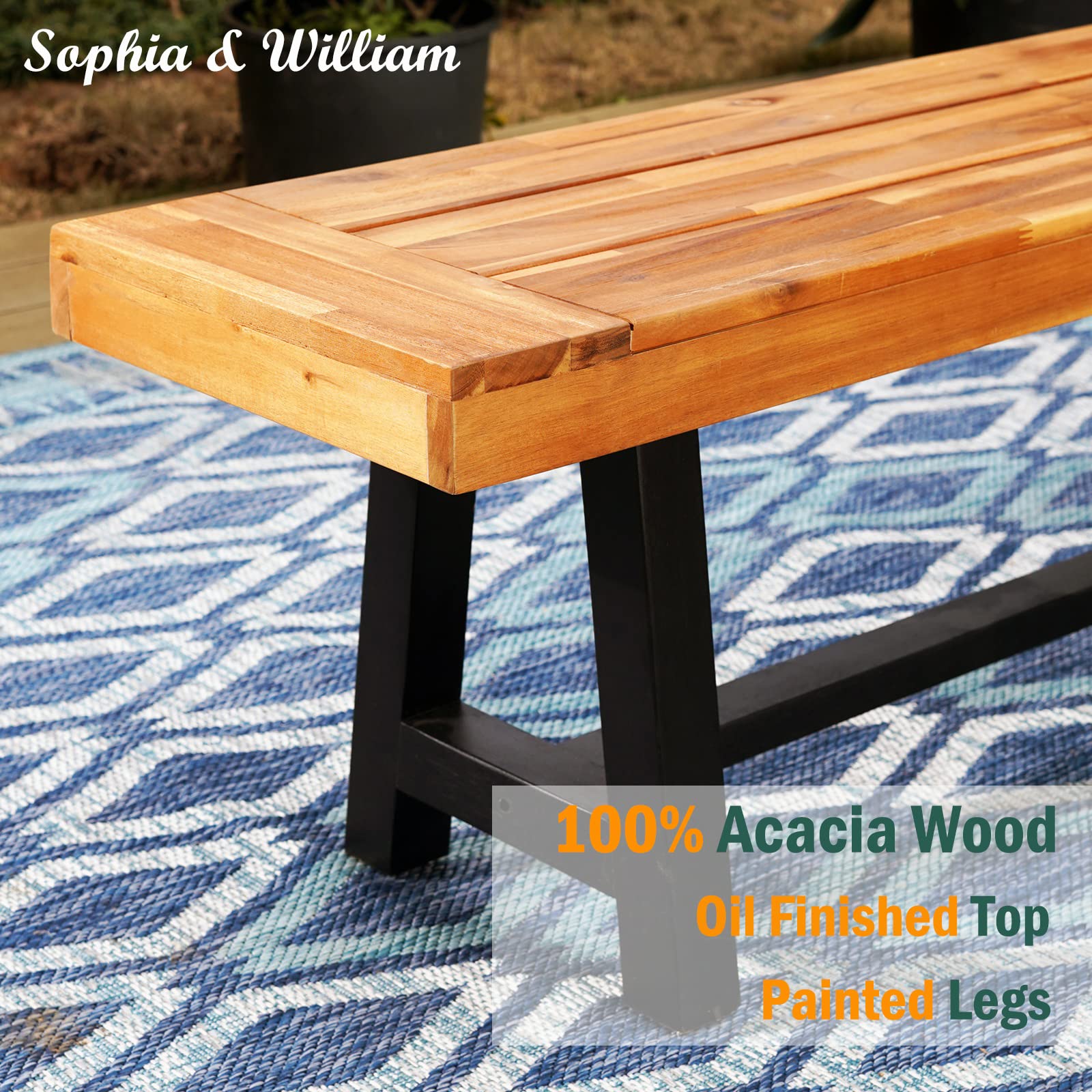 Sophia & William Acacia Wood Bench 1 Pack, Outdoor Oil Fininshed Backless Slim Wooden Bench for Patio Porch Yard Garden Yard Lawn, Teak Color