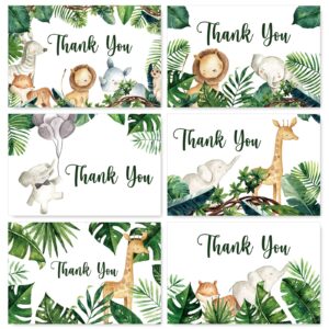 anydesign woodland thank you cards with envelopes stickers safari jungle 30 pack watercolor forest animals greenery greeting note cards for kids girls boy children birthday baby shower party supplies