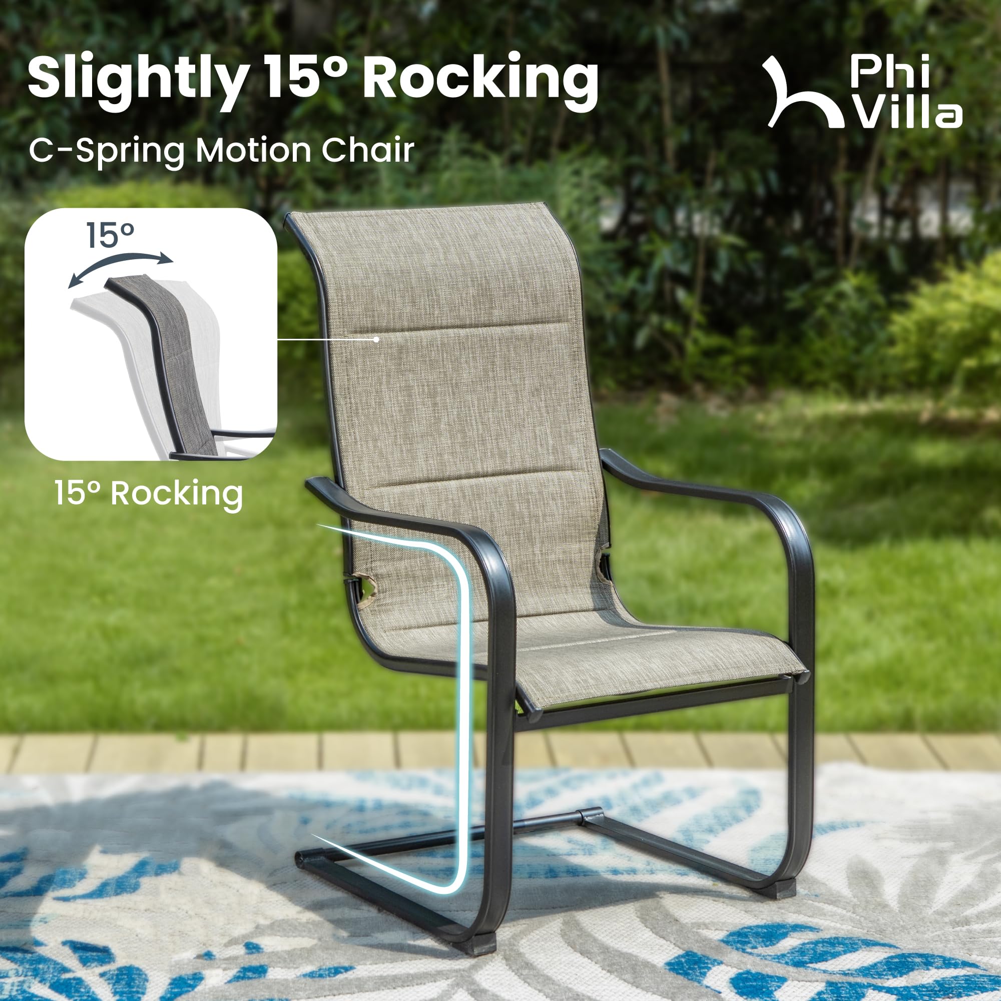 PHI VILLA Outdoor C-Spring Dining Chairs Set of 6, Patio Sling High Back Rocker Chairs with Padded Textilene Fabric & Black Metal Frame for Patio, Porch, Deck, Yard