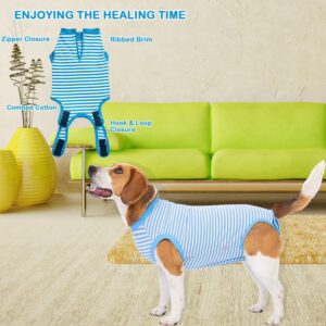 Wabdhally Dog Surgery Recovery Suit,Surgical Suit for Small Female Spay,Soft Combed Cotton,Blue Striped Zipper Onesie XS