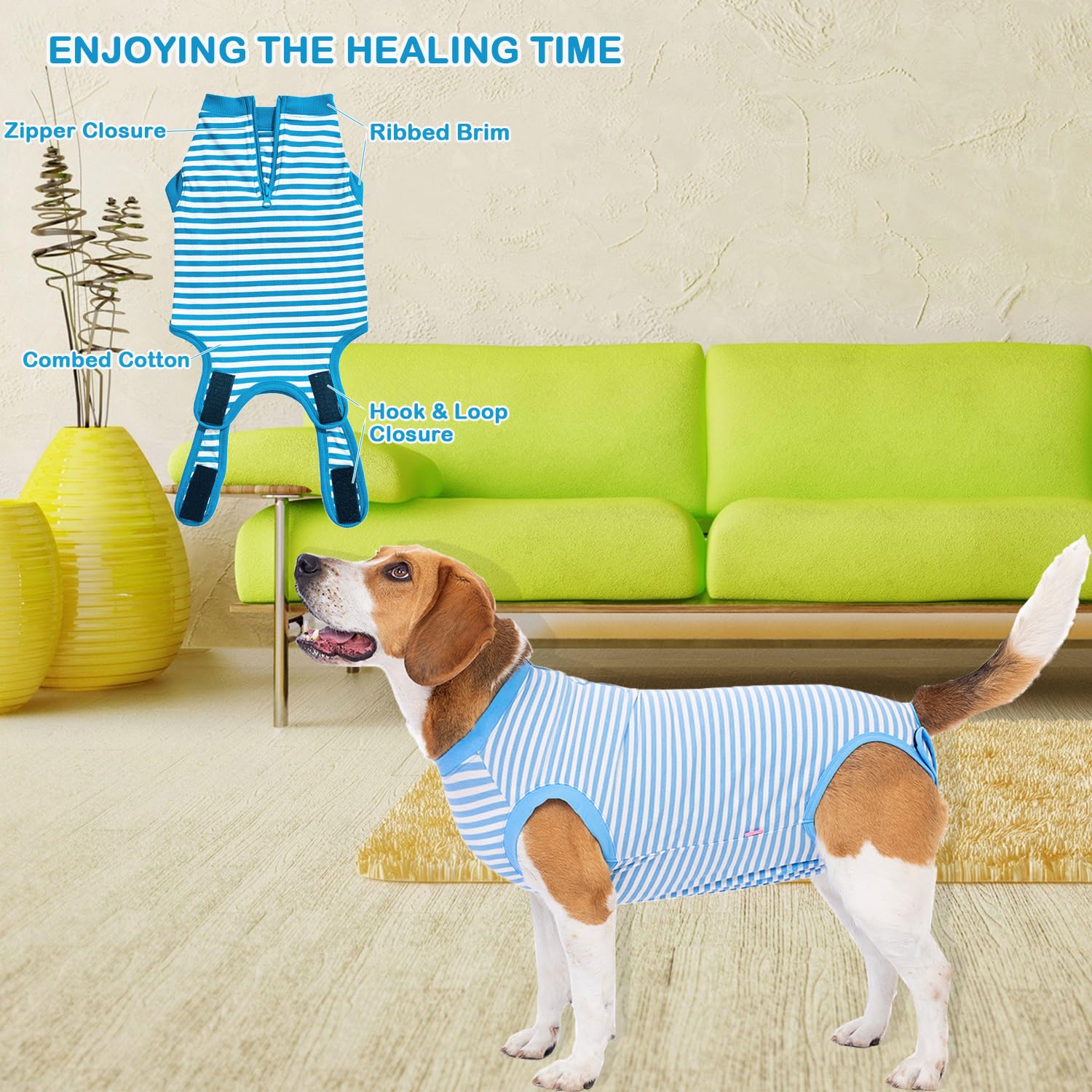 Wabdhally Dog Surgery Recovery Suit,Surgical Suit for Large Female Spay,Soft Combed Cotton,Blue Striped Zipper Onesie L