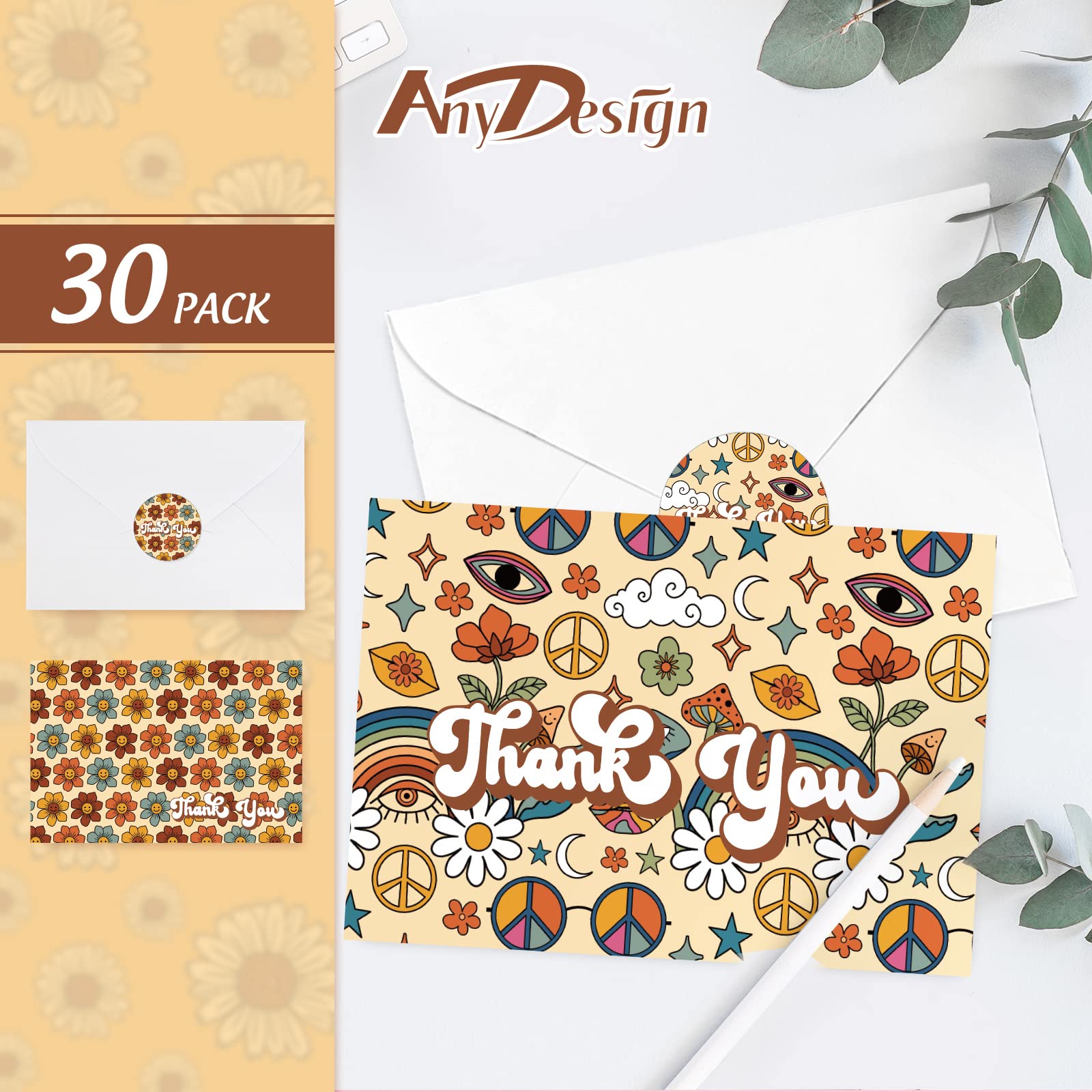 AnyDesign Retro Floral Thank You Cards Bulk 30 Pack Boho Rainbow Flower Note Cards with Matching Seal Stickers Envelopes Hippie Greeting Blank Cards for Birthday Baby Shower Bridal Party, 4 x 6 Inch