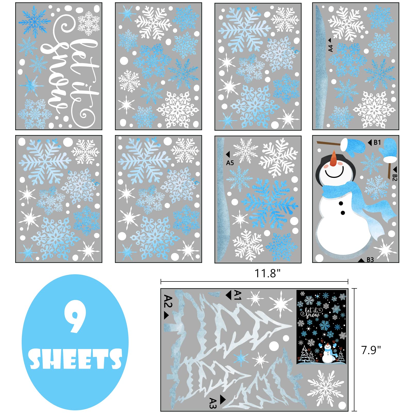 Yovkky Snowflakes Snowman Window Clings 9 Sheets, Let it Snow Quote Stickers Decal Decor for Glass, 2025 New Year Christmas Home Kitchen Winter Holiday Decorations