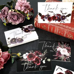 AnyDesign 30 Pack Floral Thank You Greeting Cards Watercolor Halloween Flower Bat Invitation Cards Spooky Thank You Blank Note Cards for Halloween Party Invitation Wedding Bridal Shower, 4 x 6 Inch