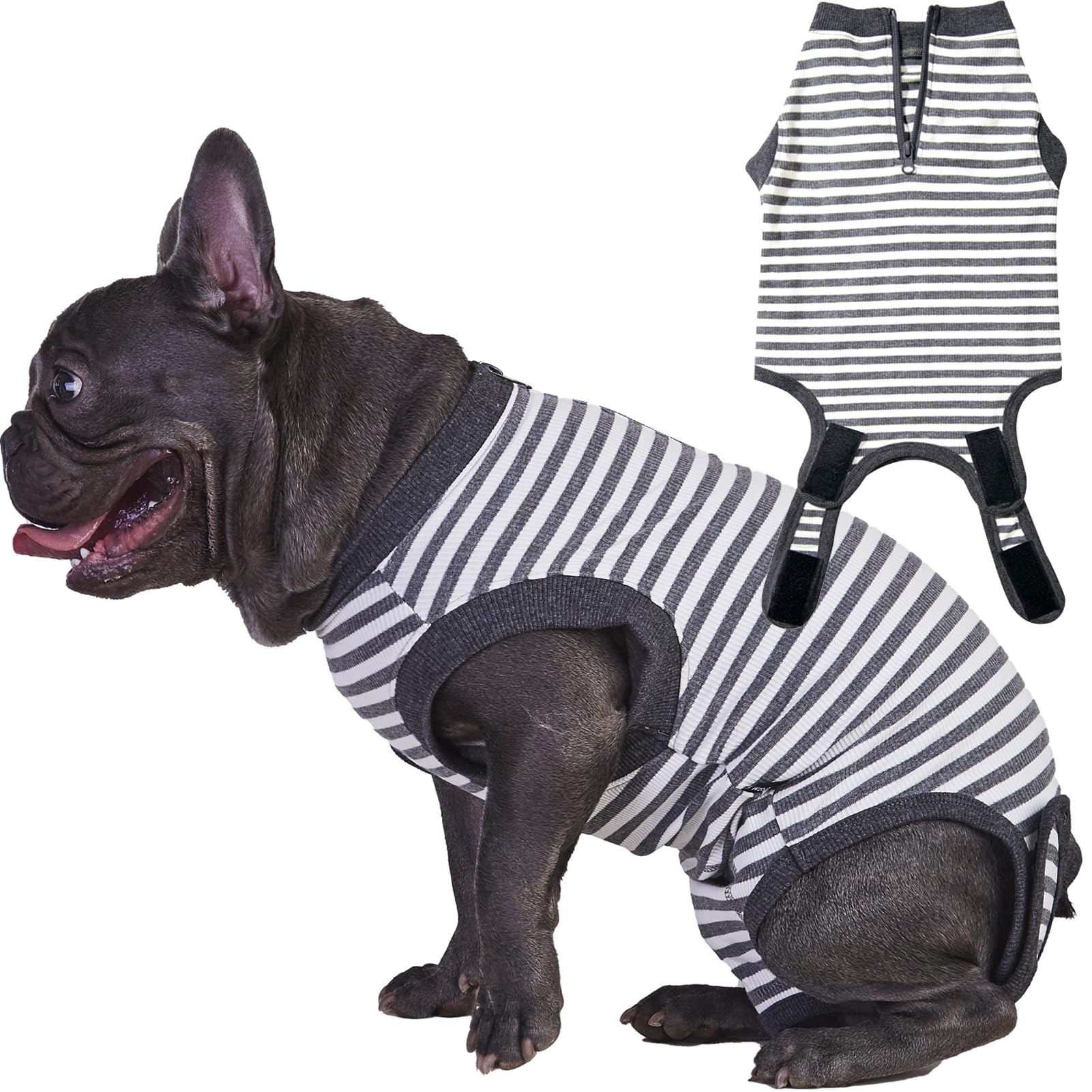 Wabdhally Dog Surgery Recovery Suit,Surgical Suit for Medium Female Spay,Soft Combed Cotton,Grey Striped Zipper Onesie M