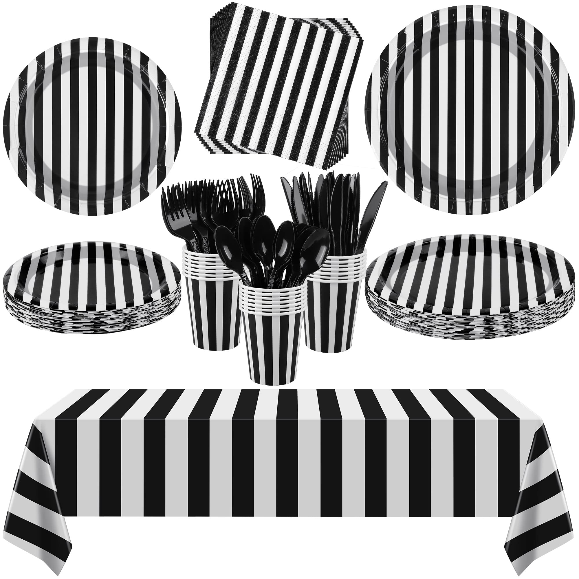 durony 113 Pieces Black and White Striped Party Supplies Table Decorations Includes Paper Napkins Cups Plates Knives Forks Spoons Tablecloth Disposable Tableware Set for Birthday Graduation Wedding