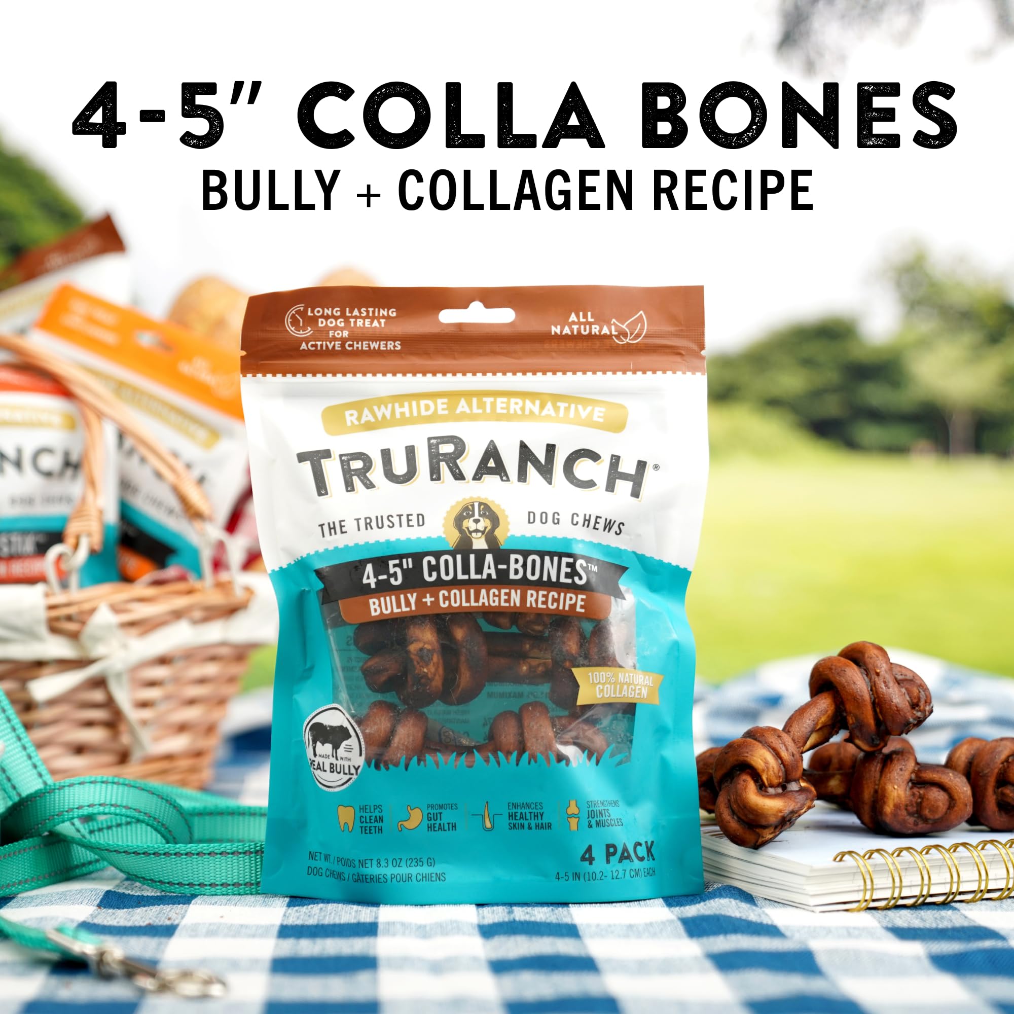 TRURANCH 4-5" Collagen Bones, Bully, Healthy Joint Support Dog Treat, Rawhide Alternative, Skin & Coat Health, 1 Bag, 4 Count