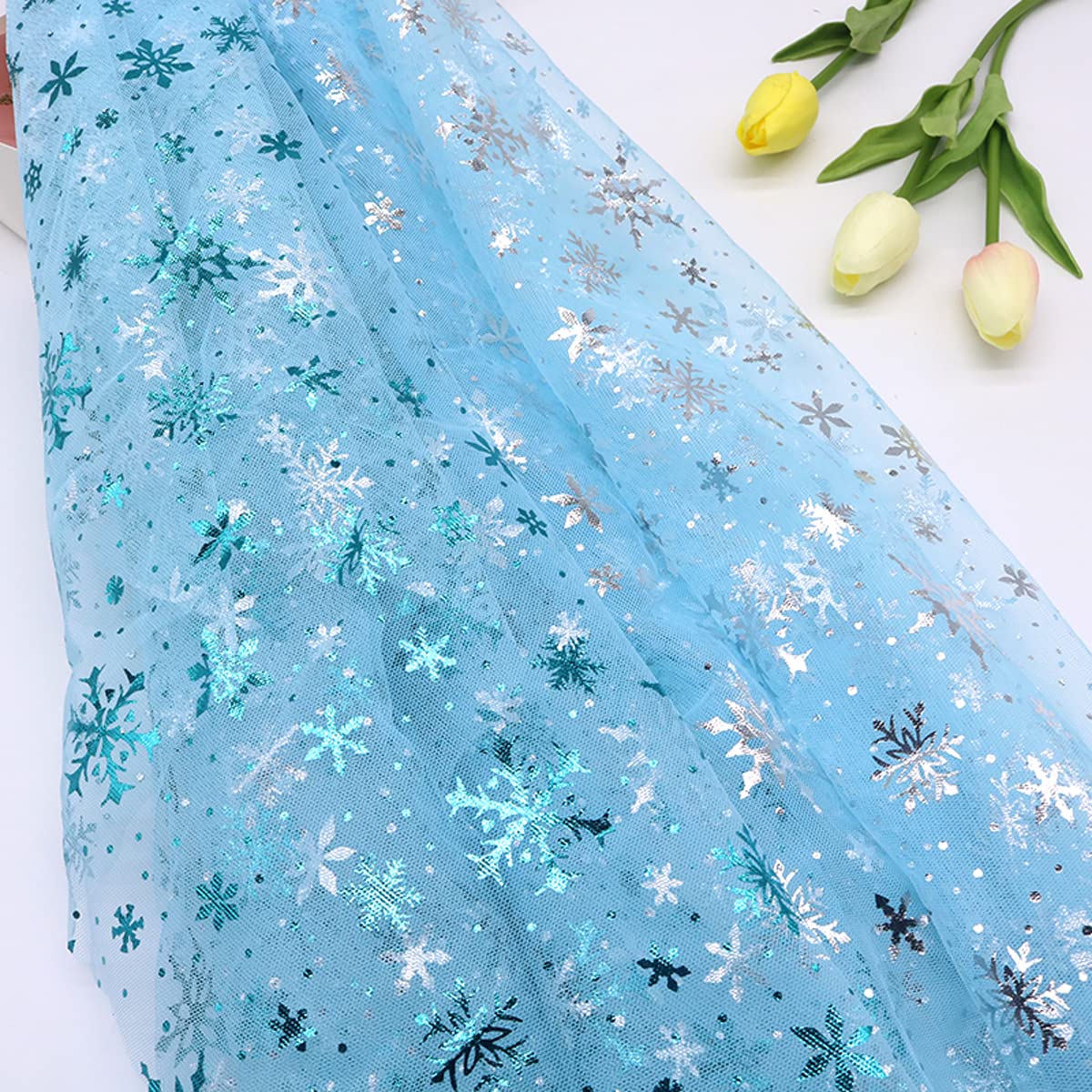 Queenbox 100x150cm Sparkle Snowflake Tulle Sequins Mesh Fabric Glitter Snow Flower Net Gauze for Christmas Wedding Party, Sky Blue + Blue Star