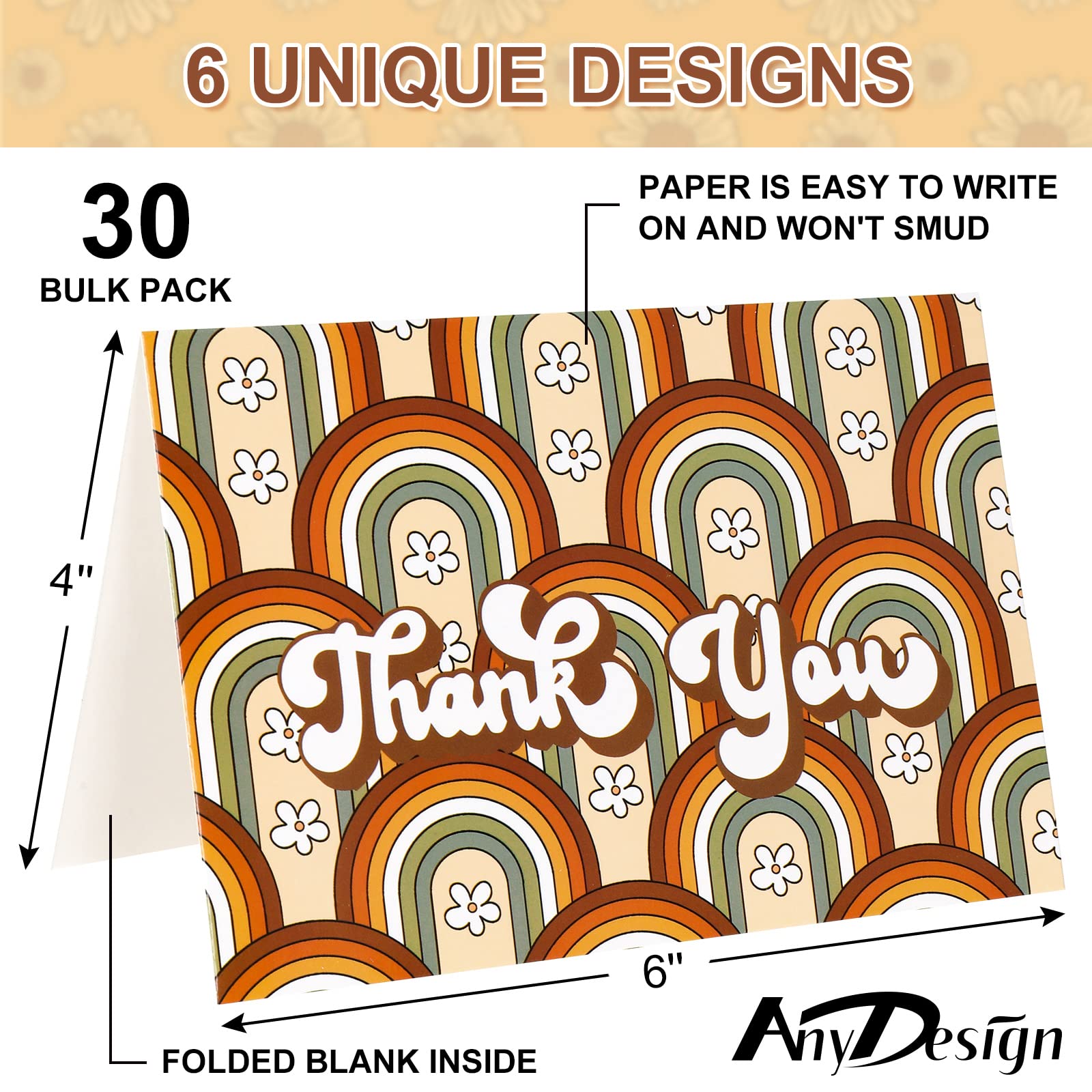 AnyDesign Retro Floral Thank You Cards Bulk 30 Pack Boho Rainbow Flower Note Cards with Matching Seal Stickers Envelopes Hippie Greeting Blank Cards for Birthday Baby Shower Bridal Party, 4 x 6 Inch