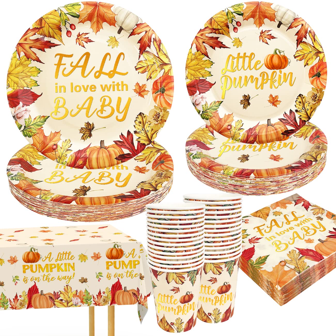 Little Pumpkin Baby Shower Decorations Set Serves 30, Little Pumpkin Baby Shower Plates and Napkins for Fall Theme Baby Shower Birthday Party Supplies