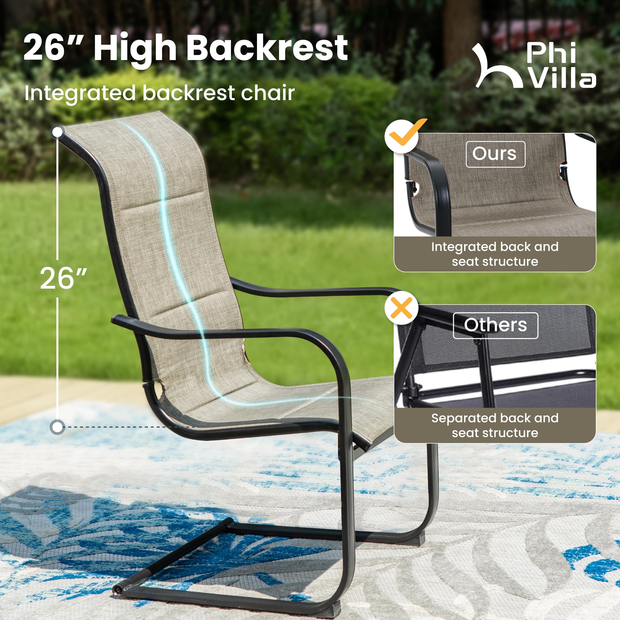 PHI VILLA Outdoor C-Spring Dining Chairs Set of 6, Patio Sling High Back Rocker Chairs with Padded Textilene Fabric & Black Metal Frame for Patio, Porch, Deck, Yard