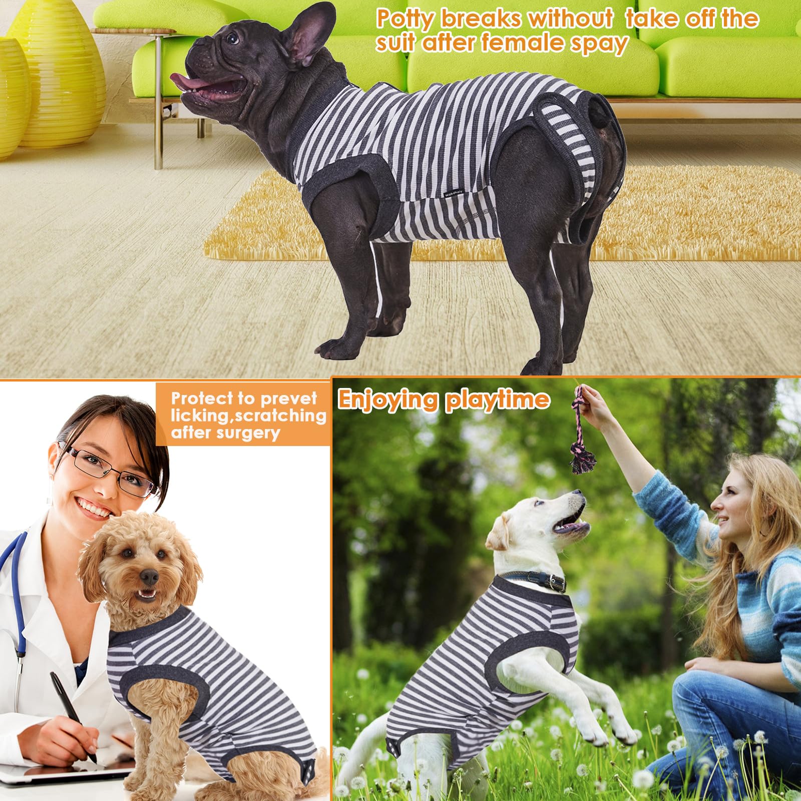 Wabdhally Dog Surgery Recovery Suit,Surgical Suit for Small Female Spay,Soft Combed Cotton,Grey Striped Zipper Onesie XS