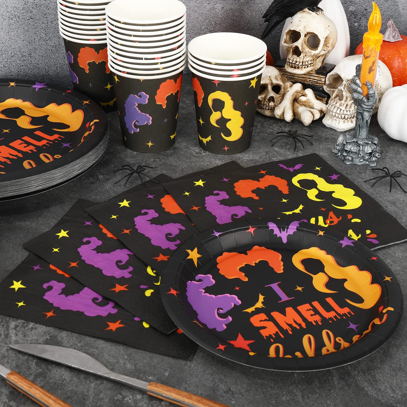 Whaline 100Pcs Halloween Tableware Set Hocus Pocus Disposable Dinnerware Set 50Pcs Paper Plates 25Pcs Napkin 25Pcs Cups for Halloween Party Witch Theme Party Supplies Table Decorations